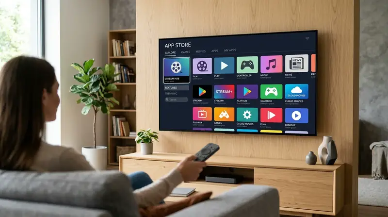 Installation d’une application IPTV sur une Smart TV dans un salon moderne