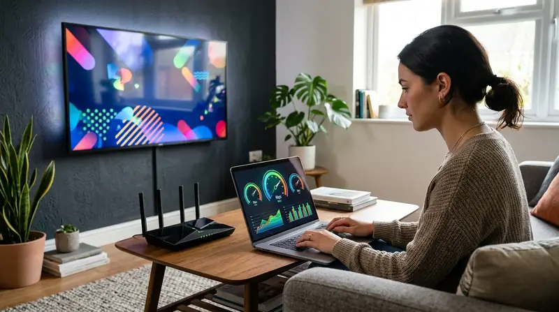 Test de vitesse Internet sur ordinateur portable à côté d’un téléviseur pour le streaming